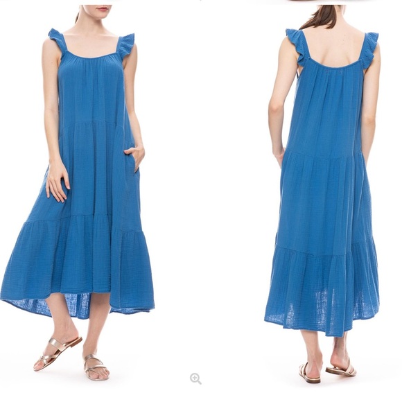 Xirena Rumer Tired Cotton Gauze Flutter Sleeve Pocket Midri Dress Blue S… - Picture 1 of 10